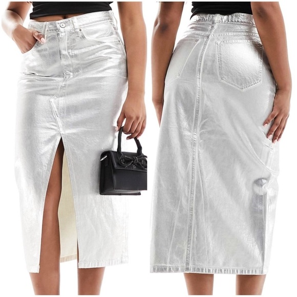 Abercrombie & Fitch Metallic Silver Denim High Rise Midi Skirt NWT Size 27/4 - Picture 1 of 14